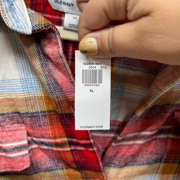 NWT Old Navy the boyfriend shirt plaid button down red tan XL - Picture 5 of 7